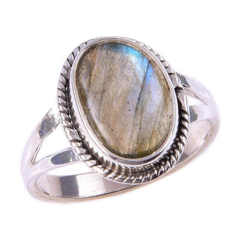 Кольцо из чистого серебра 925 пробы с натуральным лабрадоритом, размер 6, u8I36