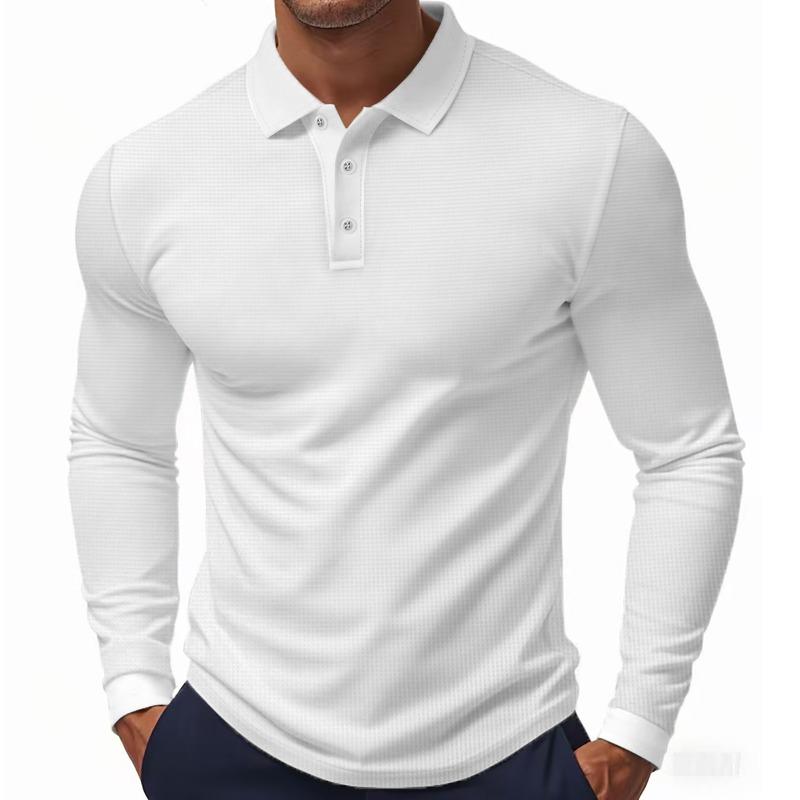 Men Waffle Knit Long Sleeve Polo Shirt Casual Button Up Solid Color Slim Fit Top