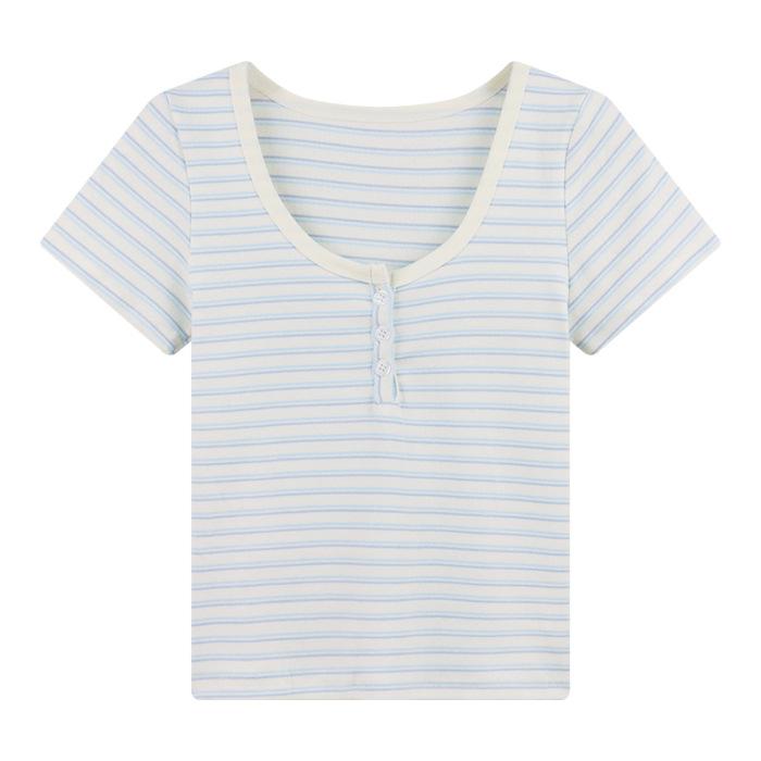Striped Clavicle-exposed Short-sleeved T-shirt for Women's Summer Contrasting Base Shirt Sweet Hot Girl Short Sweater Top