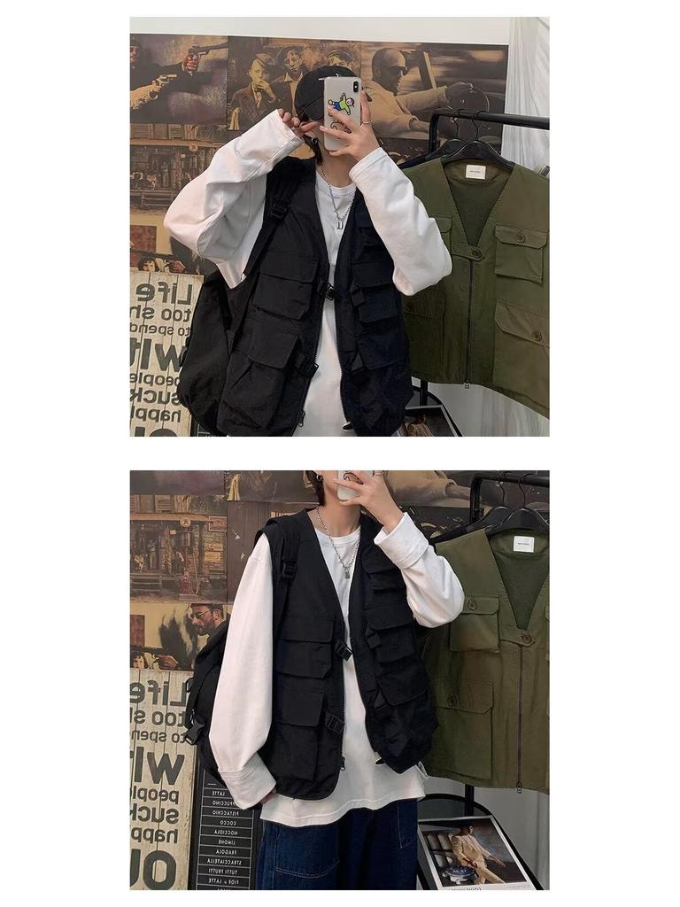 Мужской ретро японский уличный стиль жилет рабочей одежды с несколькими карманами, повседневный свободный крой, без рукавов, стиль национальной волны.