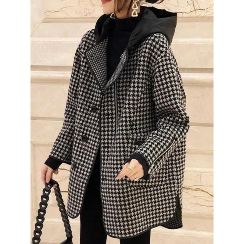 Куртки для женщин весна осень новая корейская мода сшитая верхняя одежда с капюшоном клетчатое женское пальто свободная повседневная женская одежда