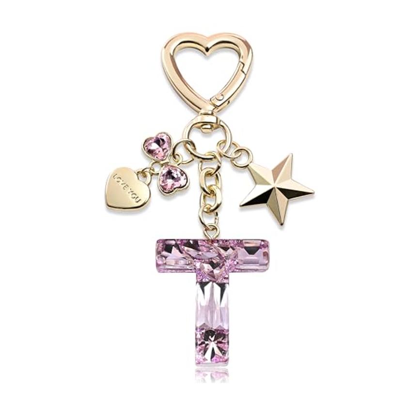 Bling Keychain with Initial Letter Butterfly Star Pink Purple - Cute Gift for Women And Girls Bag Cup Charms Fashion Accessory