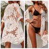 Women Bikini Cover Up See-through Lace Embroidery Half Thin Flower Sleeves Knee Length Sunscreen
