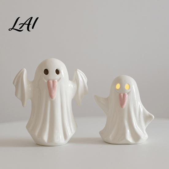 Small Ghost Figurine Vase Light Up Ceramic Figurines for Halloween Decor Cute White Statue Decorative Sculpture with Pink Tongue LED Night