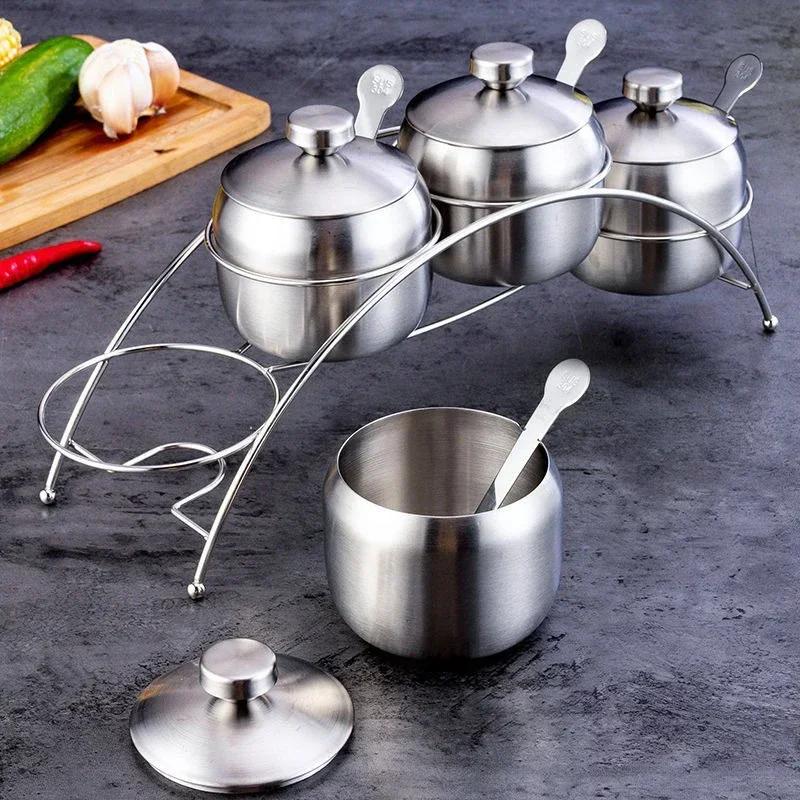 Банки для приправ из нержавеющей стали 304 Креативная вращающаяся на 360° солонка, сахарница, банка для специй с крышкой, кухонная бутылка для приправ с ложкой