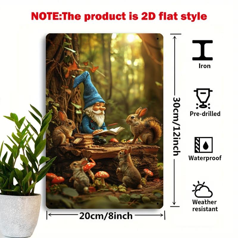 D Flat Room Decor Vintage Forest Gnome and Animals Iron Sign Rustic Metal Wall Art Waterproof WeatherResistant Iron Sign