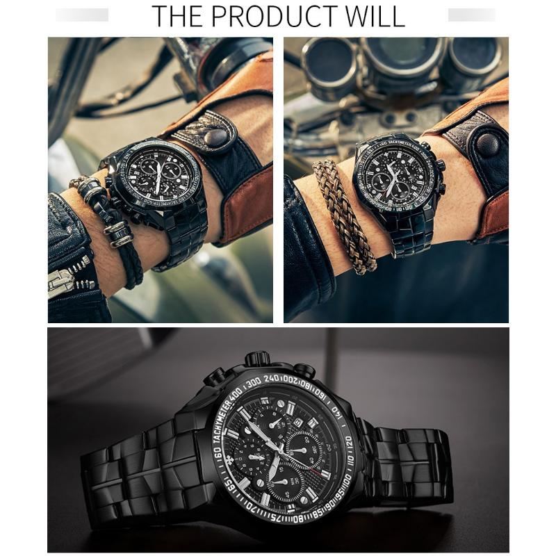 Top Brand Luxury Sport Watch For Men Quartz Chronograph Date Luminous Full Steel Wrist Watch