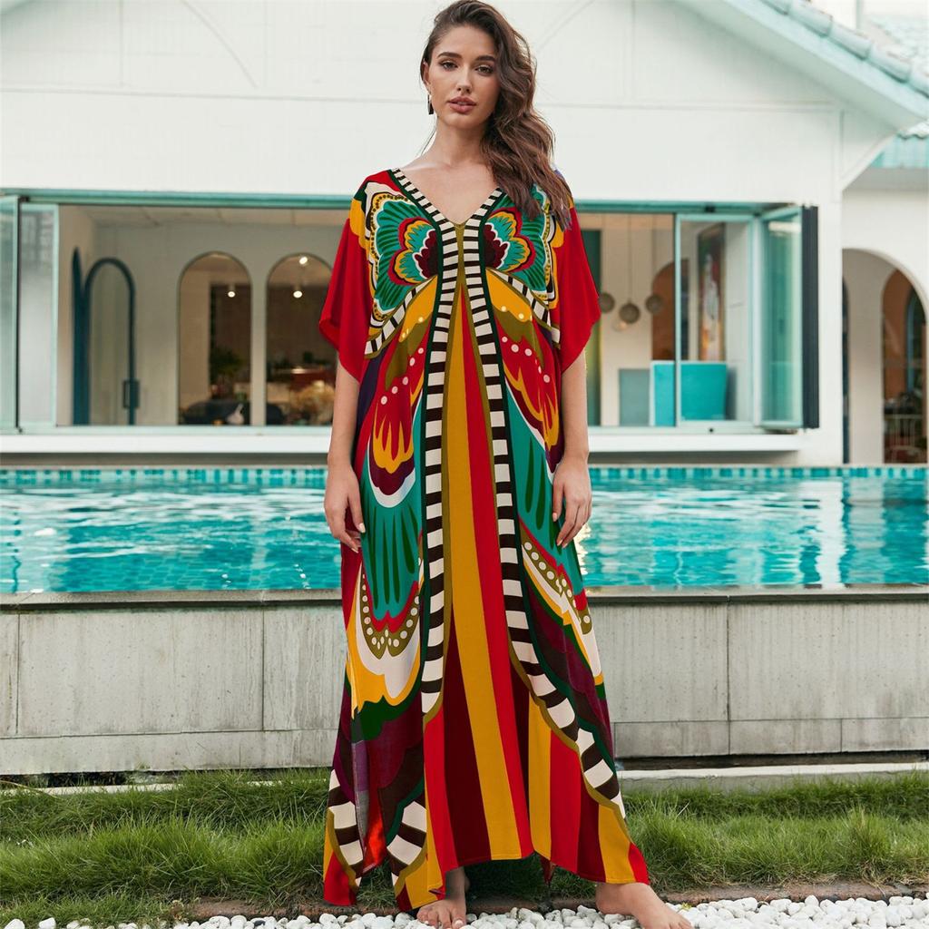 YYFS Women's Fashion Vacation Summer Spring Butterfly Print 1/2 Sleeves V-Neck Casual Dresses