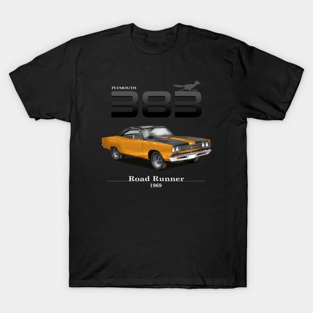 Men Black Print T-shirt Road Runner 1969 Plymouth No-Cut Heat Transfer Print Cotton Tshirt