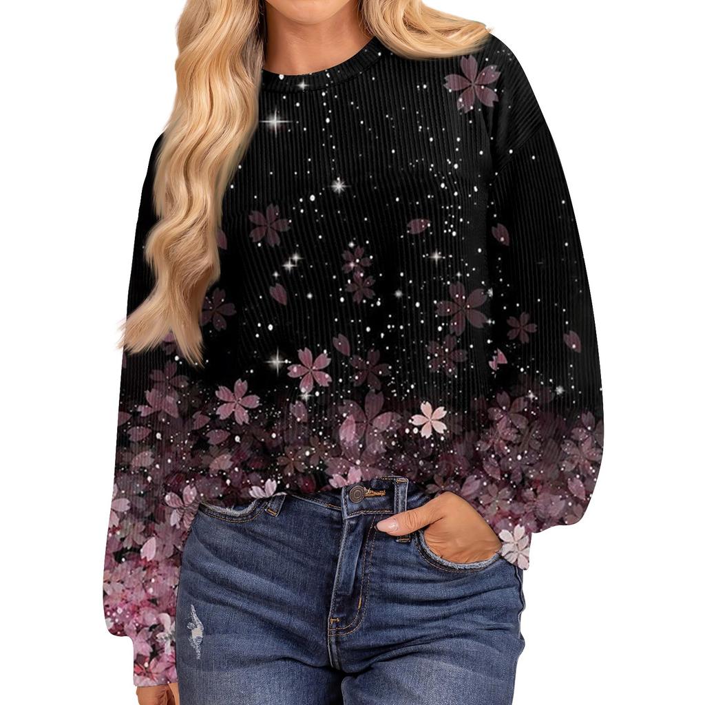 Women's Fashion Printed Ribbed Long Sleeve Drop Shoulder Loose Round Neck Top