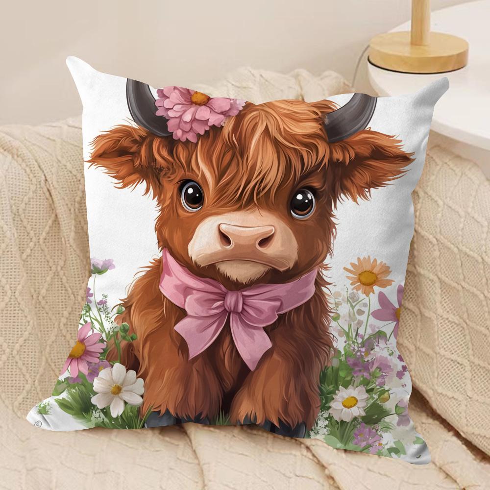 Highland cow and flower Cushion Cover Soft Plush Fabric DoubleSided Printed Cushion Covers for All Seasons Home Decor
