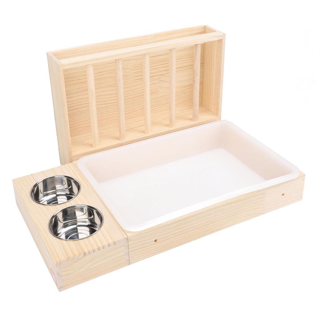 Rabbit Hay Feeder with Litter Box 2 Stainless Steel Bowls Mess Proof Wooden Bunny Feeding Manger