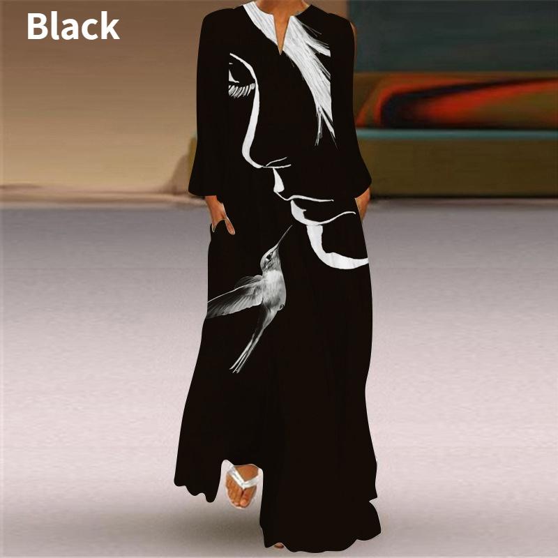 Женская мода Макси-платья с графическим принтом и V-образным вырезом с длинным рукавом Свободное платье длиной до пола Повседневное длинное платье с карманом