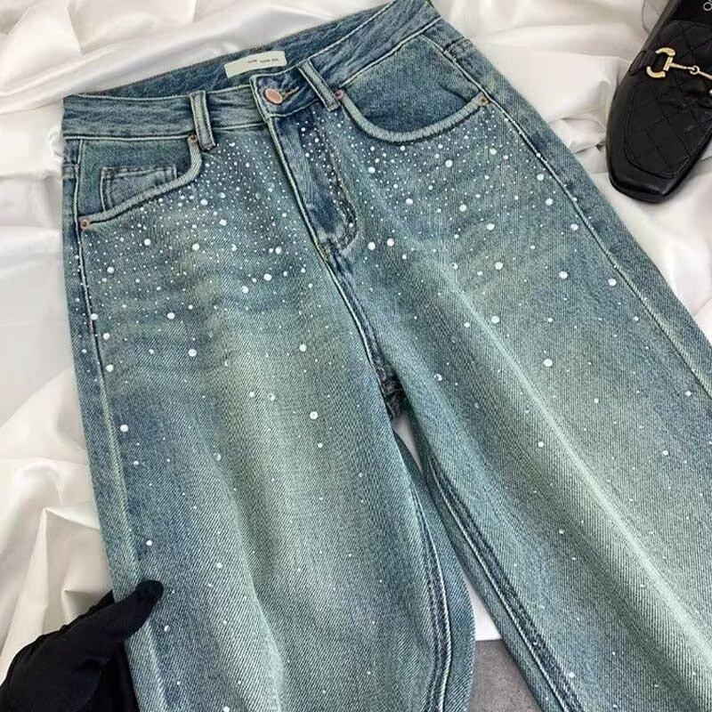 Retro Washed Diamond-encrusted Jeans Women's Spring Design Sense High-waisted Straight-leg Pants Loose Wide-leg Mopping Pants