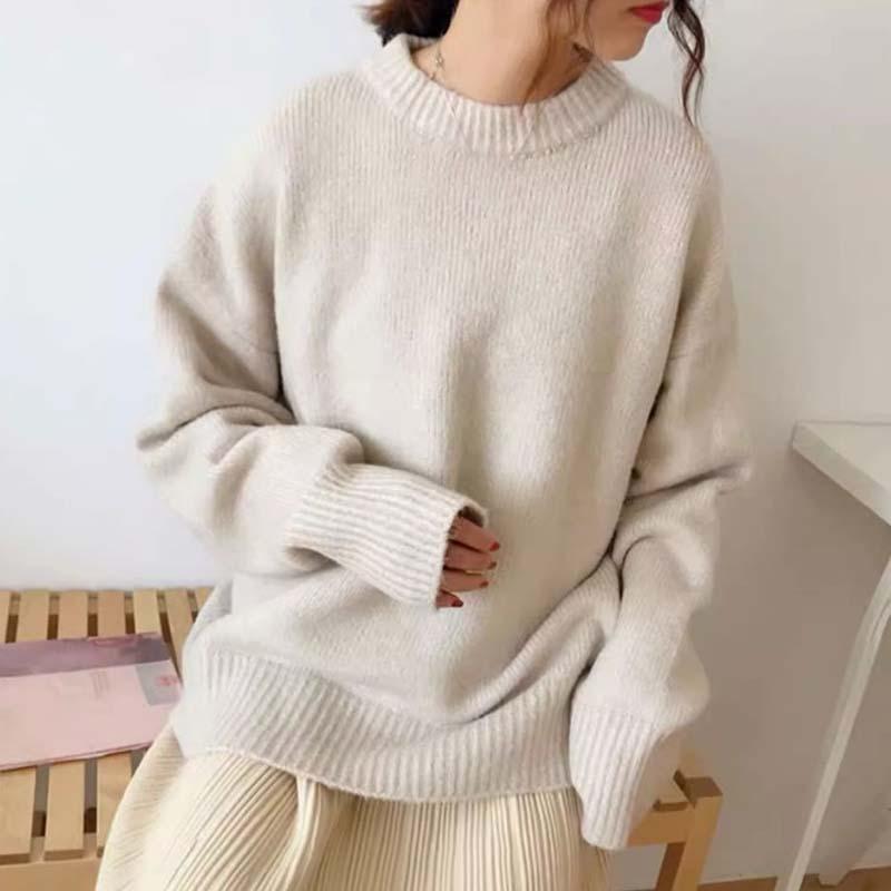 Женский кашемировый элегантный базовый свитер осень-зима свободный мягкий вязаный свитер с круглым вырезом свободный однотонный джемпер трикотаж