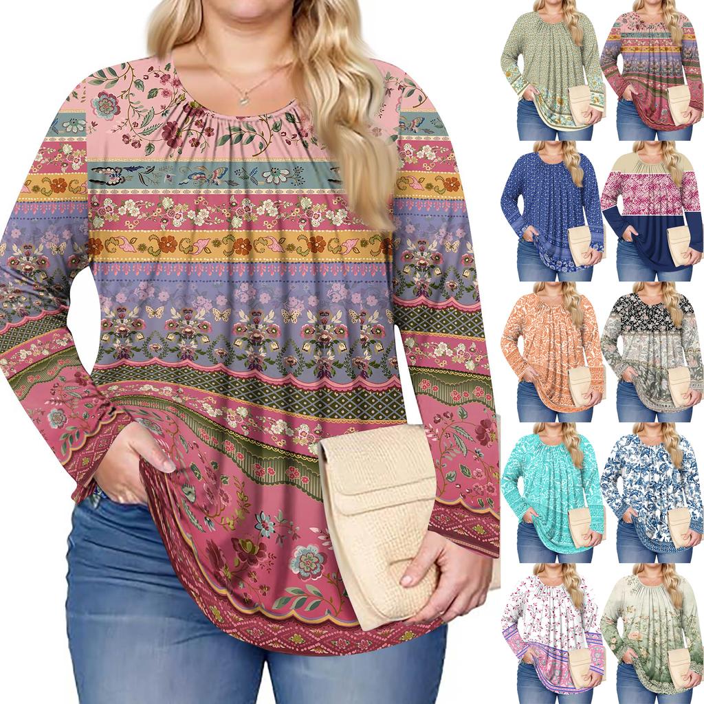 Women's Plus Size Fashion Printed Casual Pleated Round Neck Long Sleeve Top