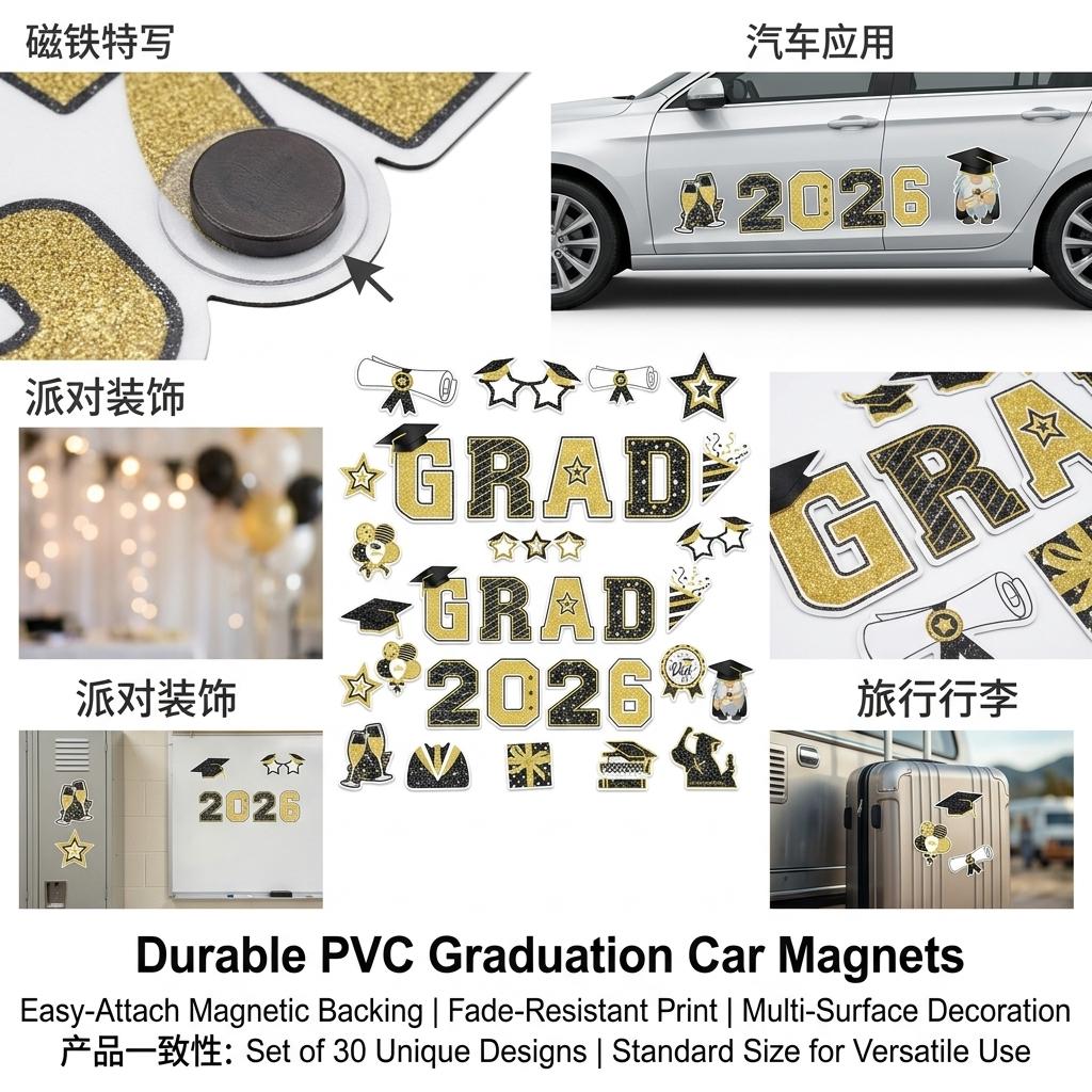 2026 Graduation Season Car Magnetic Stickers 30 Pieces Set PVC Durable Design For Graduation Celebration
