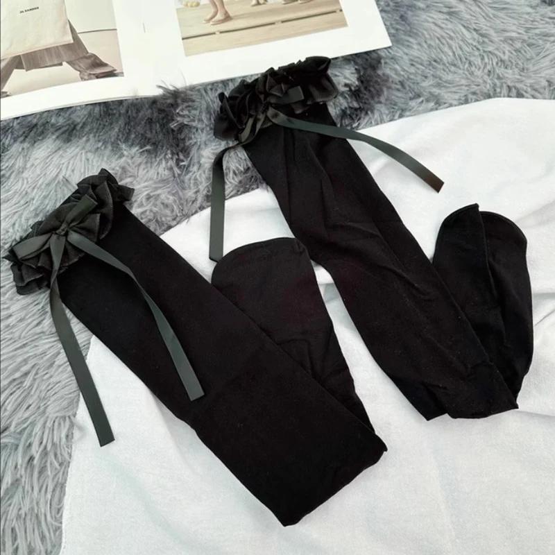 Women Lace Black White Ruffle Long Socks Women Girls Sweet Stockings JK Lolita Nylon Lace Leggings Over The Knee Bowknot Hosiery