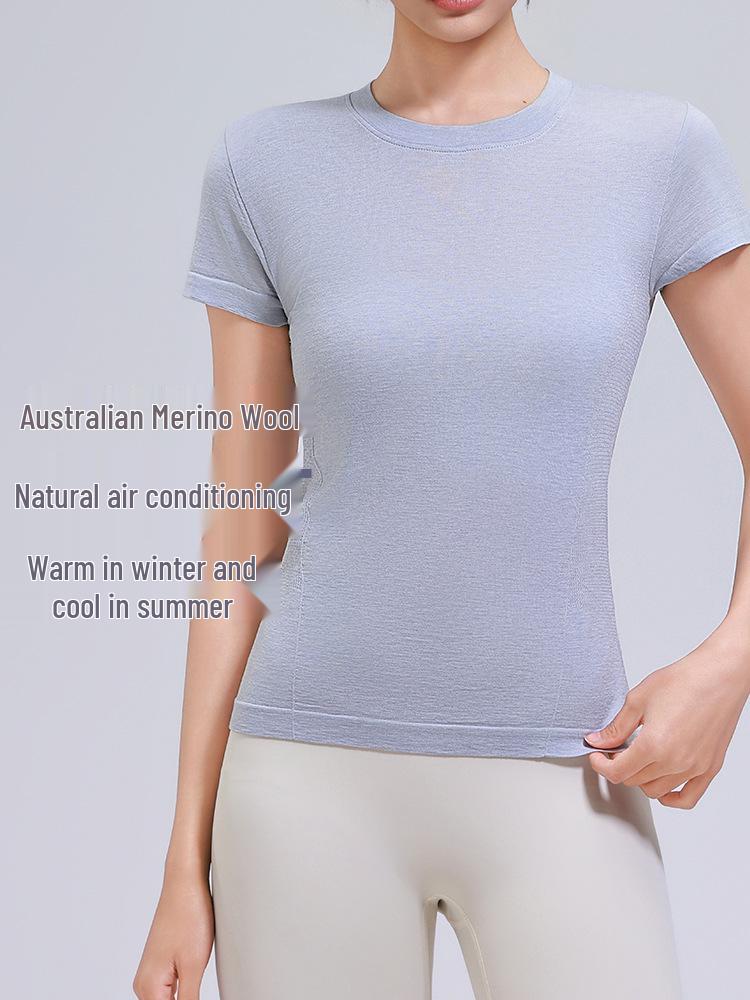 Женская футболка для йоги из мериносовой шерсти, быстросохнущая - Высокая эластичность, стройнящая, с коротким рукавом