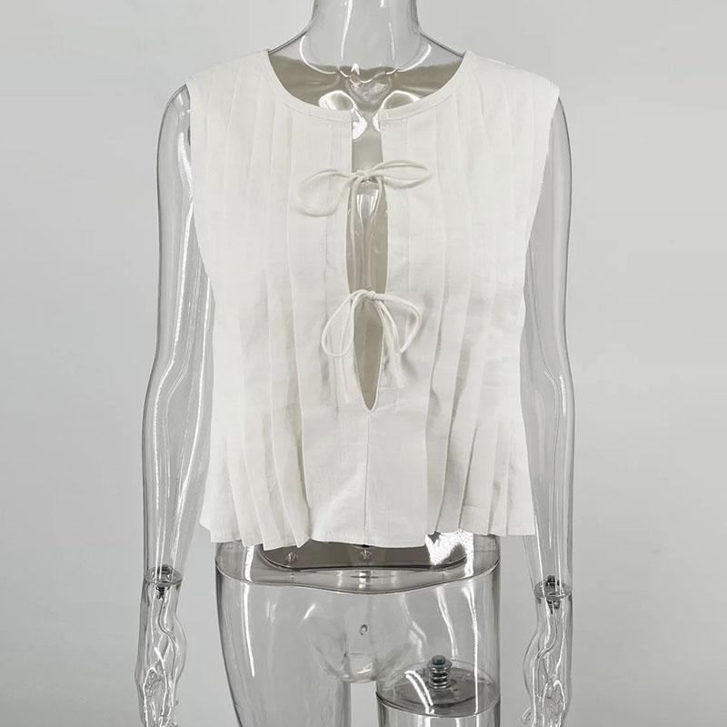 Белый жилет из хлопка и льна, плиссированный короткий топ со шнуровкой, женский, с круглым вырезом, без рукавов, с оборками, топы для отпуска и пляжа, лето