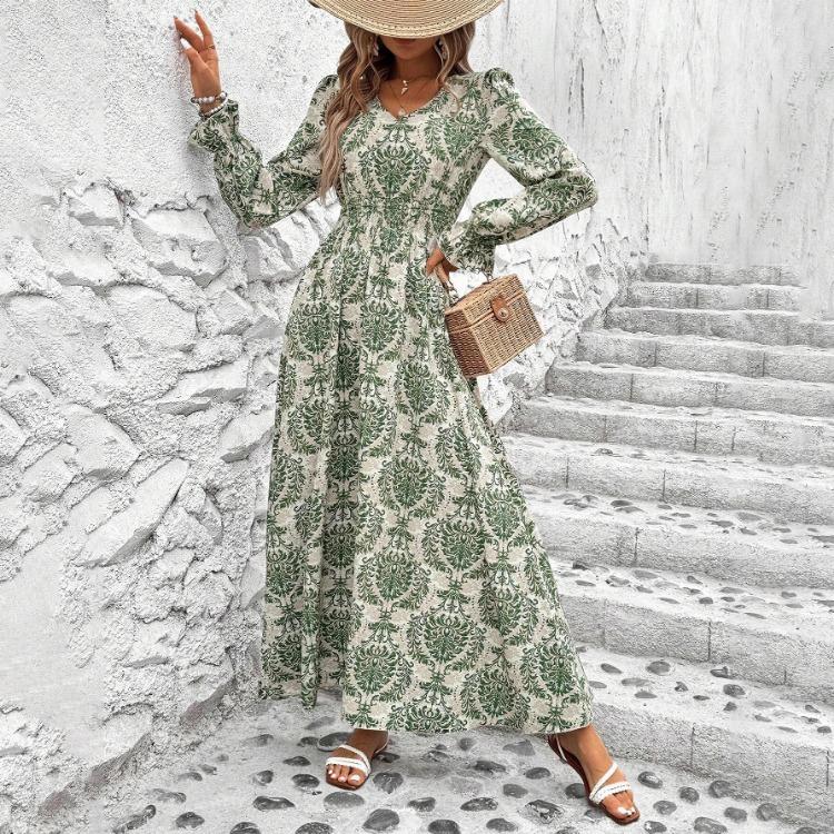 Women Floral Print V-neck Long Sleeve A-Line Dress Spring Summer Casual Elastic High Waist Ankle-Length Dresses