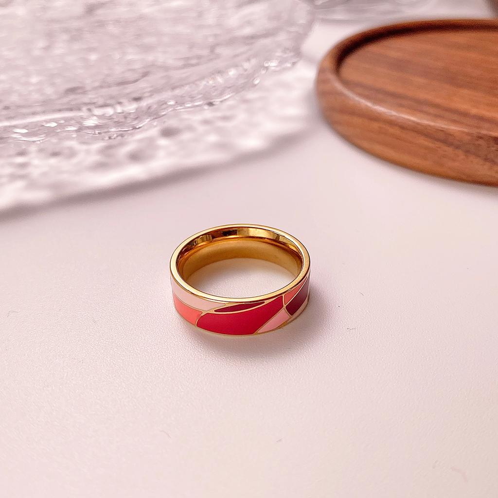 Enamel Colorful Oil Geometric Mesh Pattern 18K Gold Plated 316L Stainless Steel Ring Candy Pink for Women Engagement Gift Party
