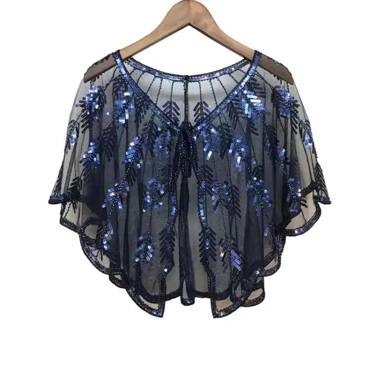 Ретро 1920-х годов, шаль с блестками и бисером, винтажная вечерняя накидка из прозрачной сетки с вышивкой в ​​виде листьев, женское болеро, аксессуары для вечеринок