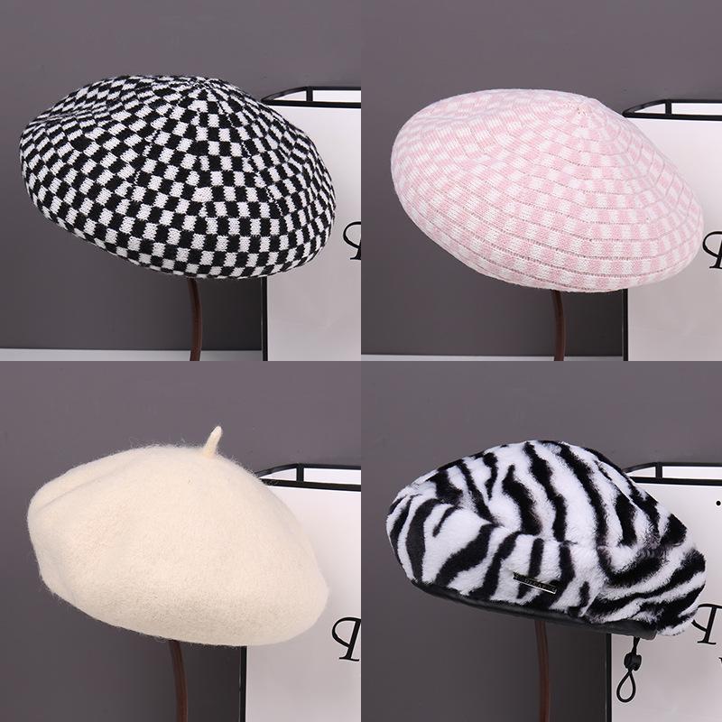 Beret women autumn and winter wool knitted beret Internet celebrity versatile fashion thousand bird grid star anise painter hat