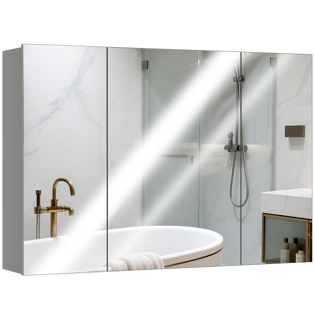 Bathroom Wall Cabinet, 3 Mirrored Doors, Adjustable Shelves, MDF, 90 x 15 x 60 cm, Grey
