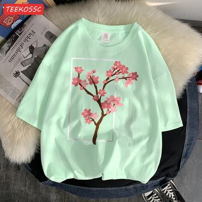 Футболка с цветущей вишней Мужская с опущенными плечами Ретро Футболки Мода Оригинальность Футболка Normcore Свободная с коротким рукавом