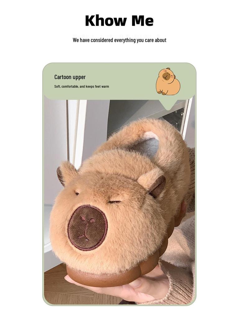 Зимние хлопковые тапочки с капибарой: Милые нескользящие домашние меховые тапочки на каблуке-таблетке для пар.