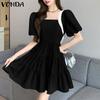 Summer Women Puff Sleeve Stitching Back Bow Knot Casual Pleated Dress