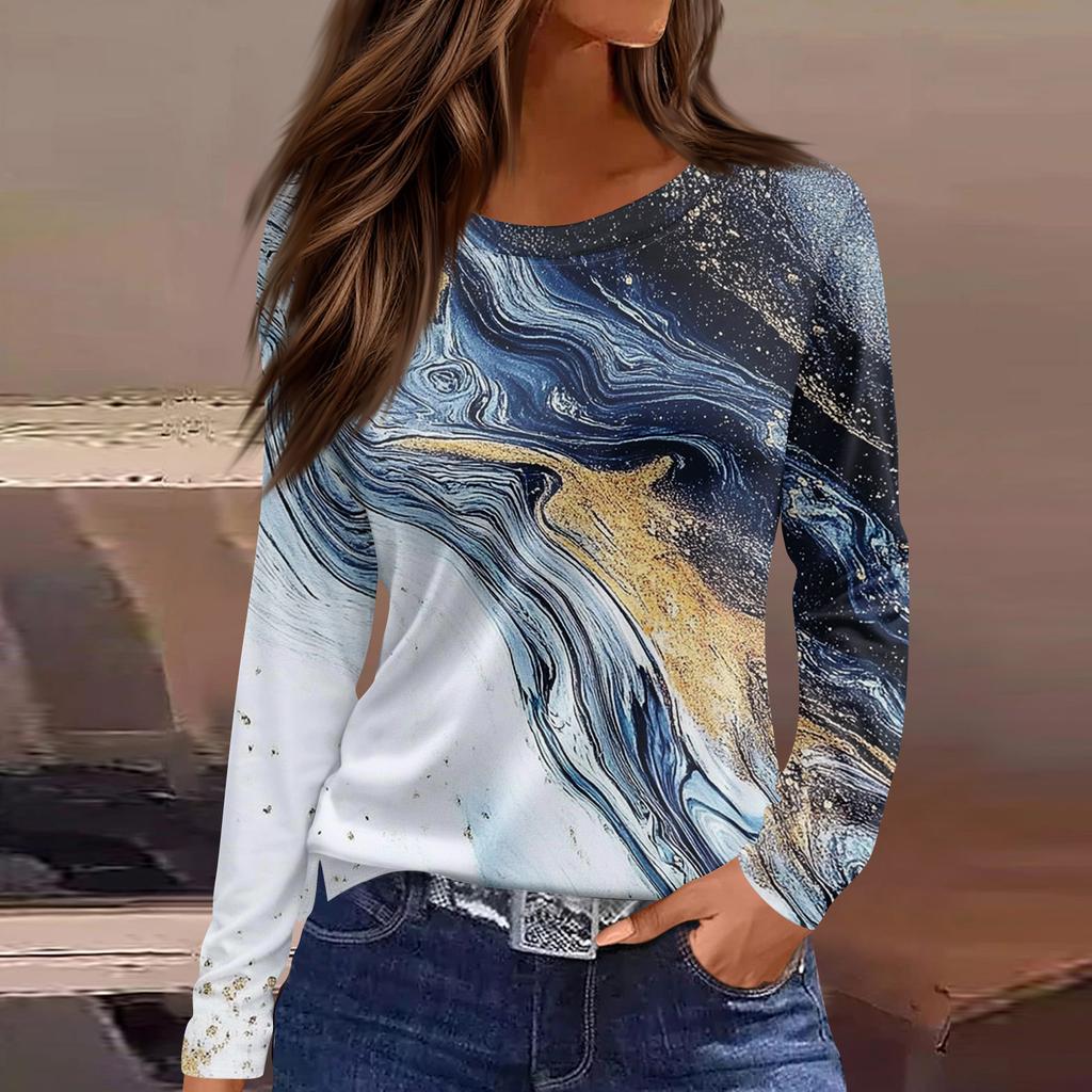 Women's Fashion Casual Slit Hem Round Neck Long Sleeve Loose  Printed T-Shirt Ladies Top