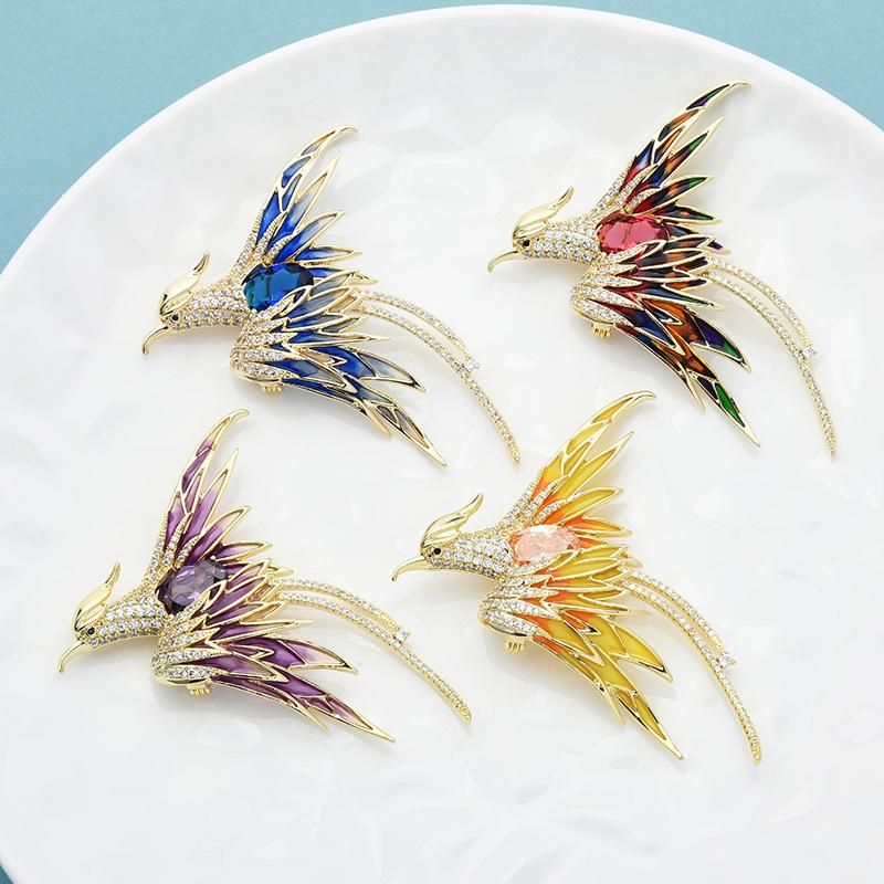 5 Colors Enamel Flying Beauty Phoenix Bird Brooches For Women Men Bird Party Office Brooch Pins Gifts