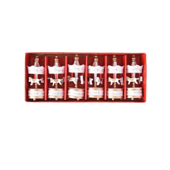 6Pcs Wooden Carousel Christmas Ornament Xmas Tree Hand-painted Merry-Go-Round Hanging Decoration Home Office Holiday Party Pendant