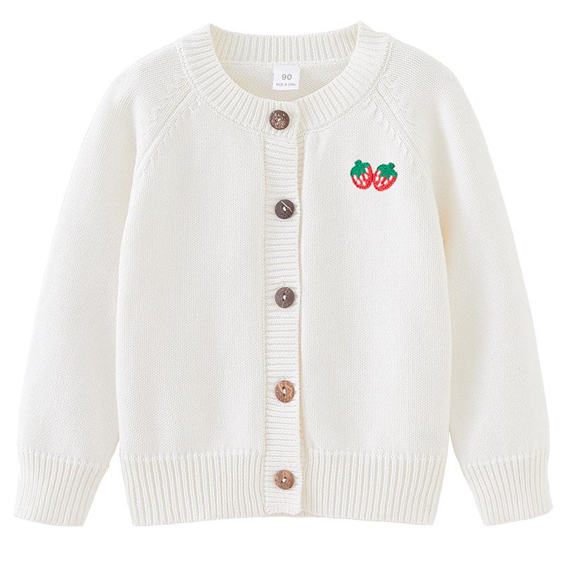Весенне-осенний детский свитер, куртка с длинным рукавом, из чистого хлопка, с клубничным принтом, с круглым вырезом, вязаный кардиган для девочки, шерстяной топ