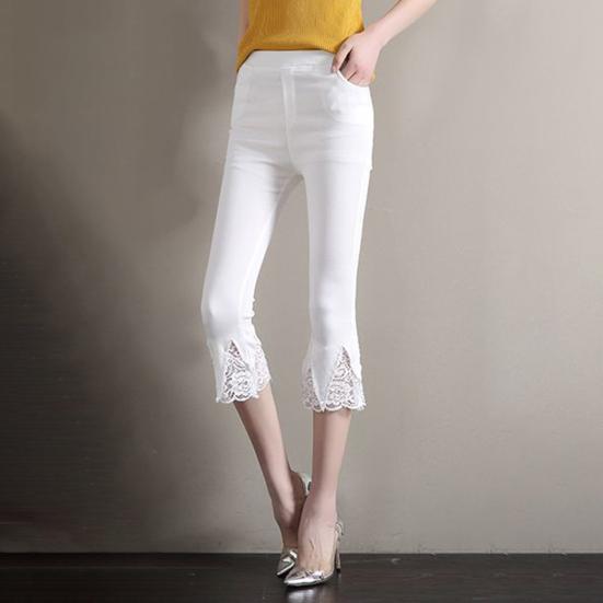 Женские укороченные брюки, однотонные, высокоэластичные, летние, расклешенные брюки, кружевная отделка, обтягивающие леггинсы с карманами