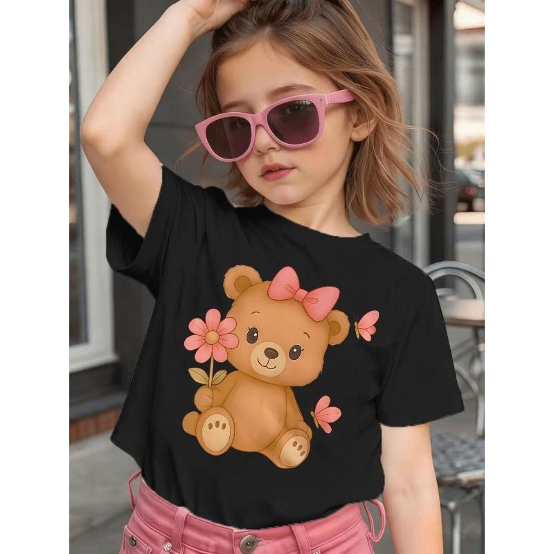 Baby Girls Crewneck Short Sleeve Tee, Cute Bear Butterfly Flower Print Sweet Casual Top for Spring Summer Fall
