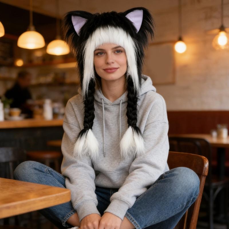 Мягкая пушистая шапка с ушками животного и косичками для женщин и девочек, мультяшная шапка-ушанка, косплей, зимняя вечеринка и тематическое мероприятие
