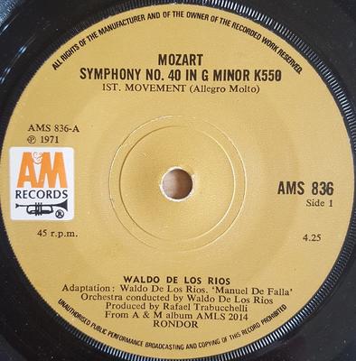 7-дюймовая пластинка WALDO DE LOS RIOS - Симфония № Моцарта. 40 Соль минор AMS836 A&M Records 1971 Великобритания Классика Б/У