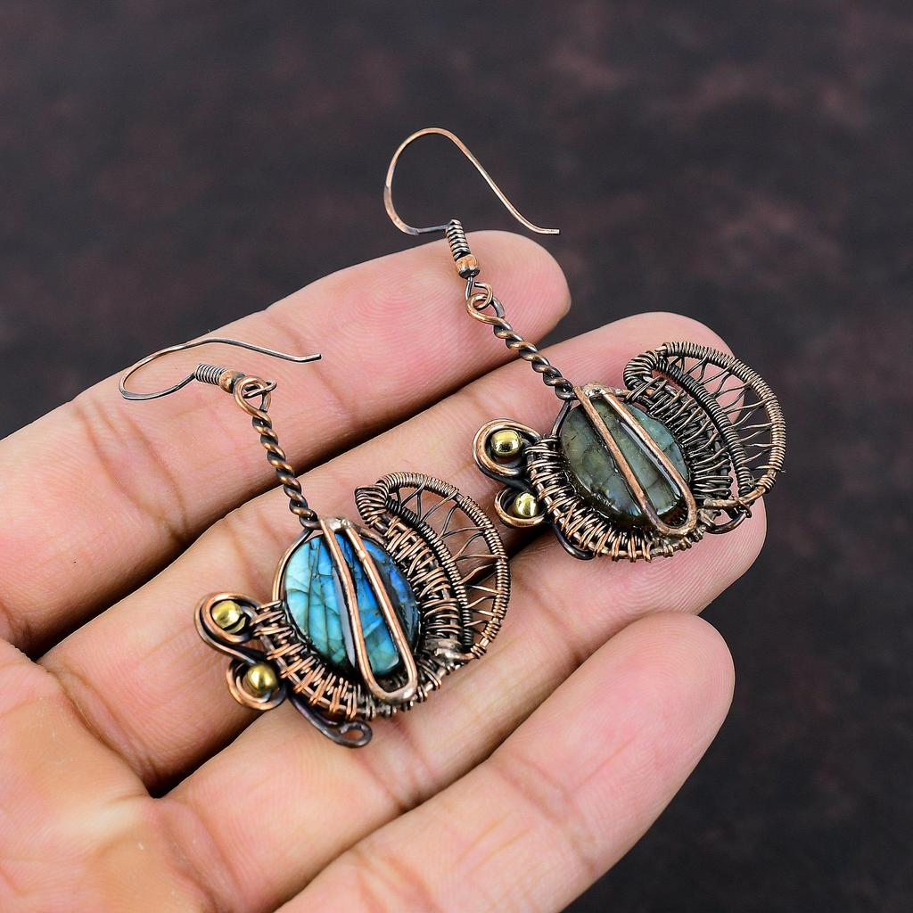Серьги с лабрадоритом, серьги из медной проволоки, ювелирные изделия из драгоценных камней, серьги ручной работы, замечательные медные украшения, подарок на помолвку, стильные серьги