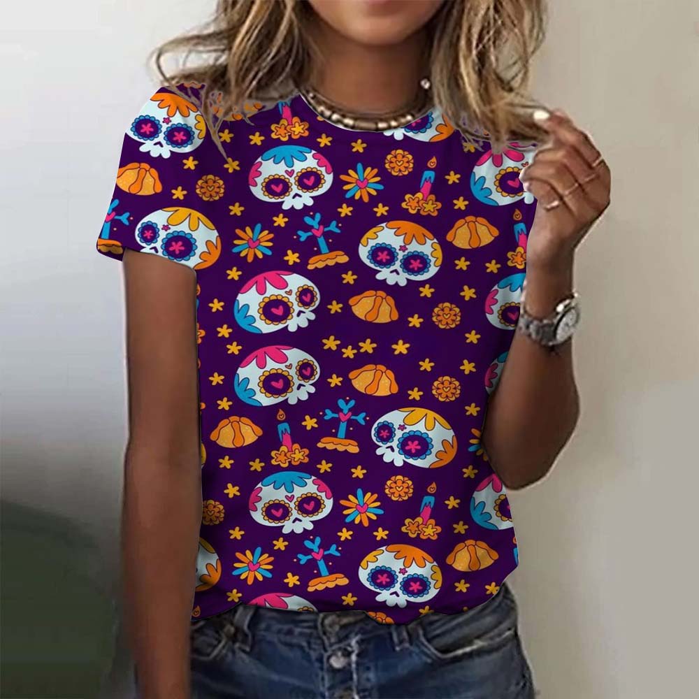 Summer Round Neck 3D Colorful Skull Pattern Print Top Fashionable Casual Short Sleeved Women's T-shirts