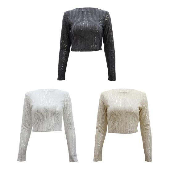 Женские укороченные топы с круглым вырезом и длинным рукавом, украшенные пайетками, футболка свободного кроя