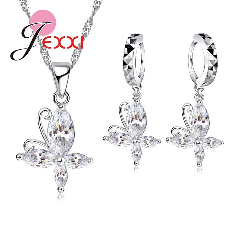 Genuine 925 Sterling Silver Cubic Zirconia Cute Butterfly Necklace Earrings Collier Brincose Wedding Accessories