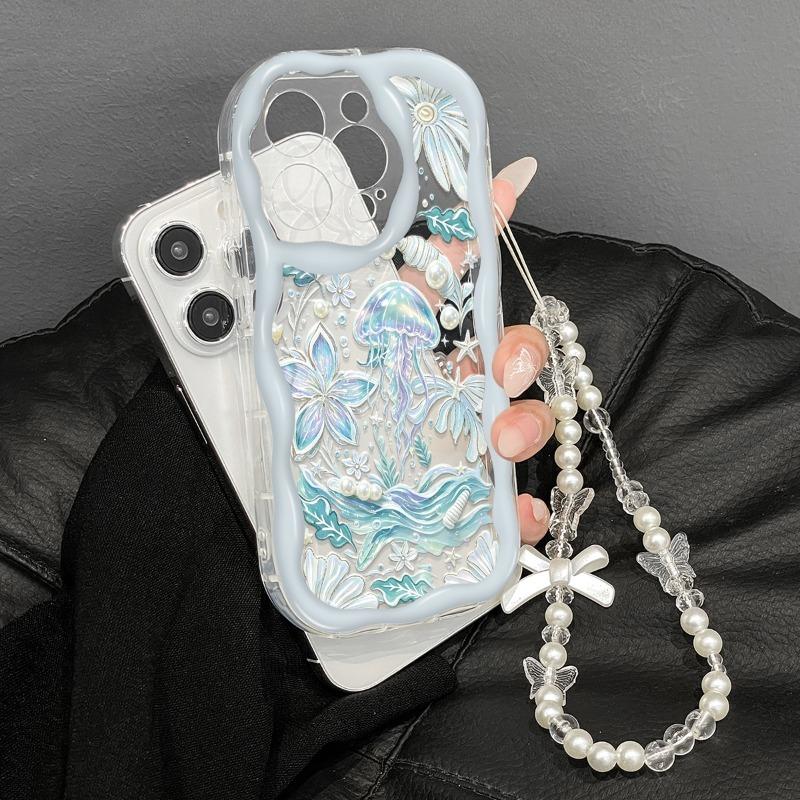 Blue Ocean Jellyfish Pattern Clear Phone Case For iPhone 11 12 13 14 15 16 17 Pro Max 16E 17E With Lanyard Wavy-edge Soft Cover