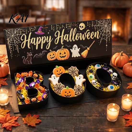 Tabletop Festive Decor Happy Halloween Candy Gift Box, BOO Letter Shaped Treat Container with Decorative Storage for Festivals Ribbon, Reusable Paper