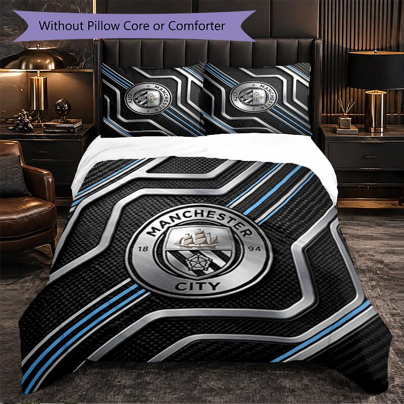 Manchester City Pattern 3 Pieces Bedding Set Soft Microfiber Duvet Cover with Pillow Cases for Bedroom