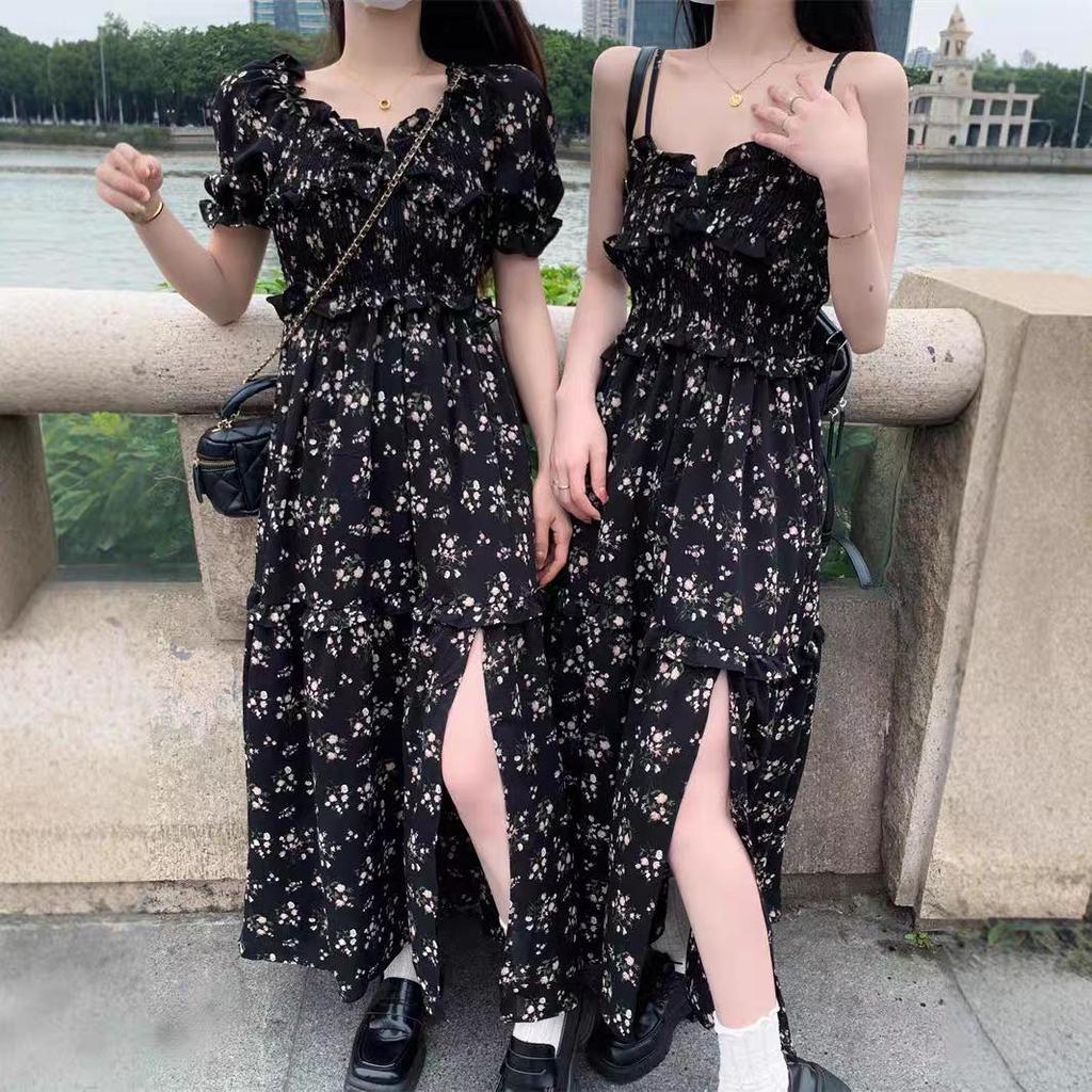 Летнее платье из шифона с цветочным принтом для женщин - дизайн 2025 года с утягивающей талией, разрезом и квадратным вырезом горловины