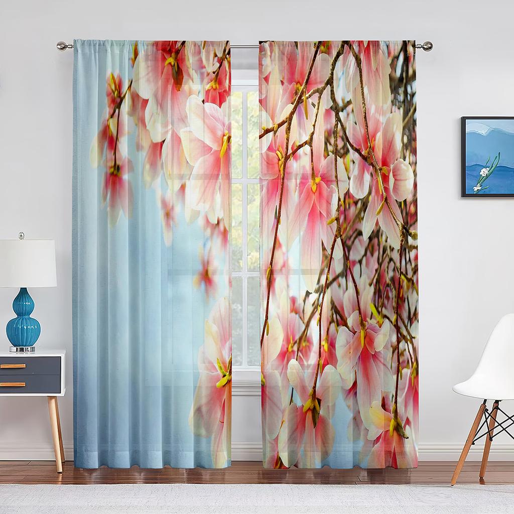 Pink Magnolia Spring Flowers Sheer Curtains for Living Room Bedroom Kitchen Hotel Decoration Chiffon Tulle Voile Window Curtain