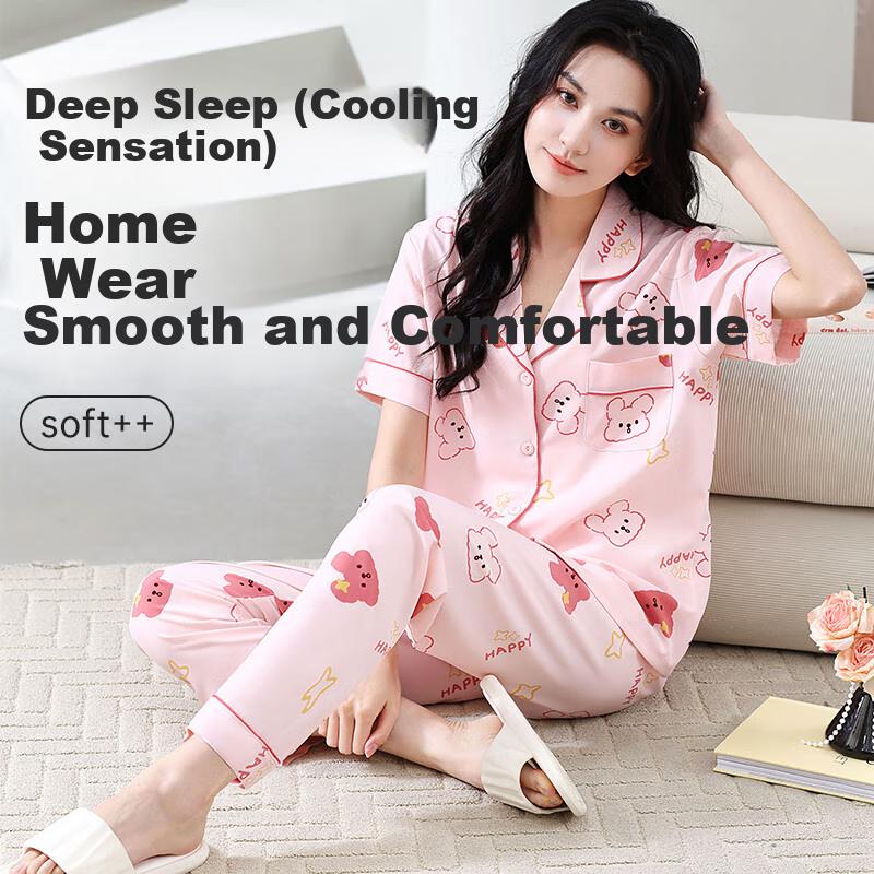 LangSha Spring And Summer New Women's Pajamas, Breathable Comfortable Short-Sleeve Set, Loose-Fitting Plus-Size Long Pants Loungewear Set for Wome